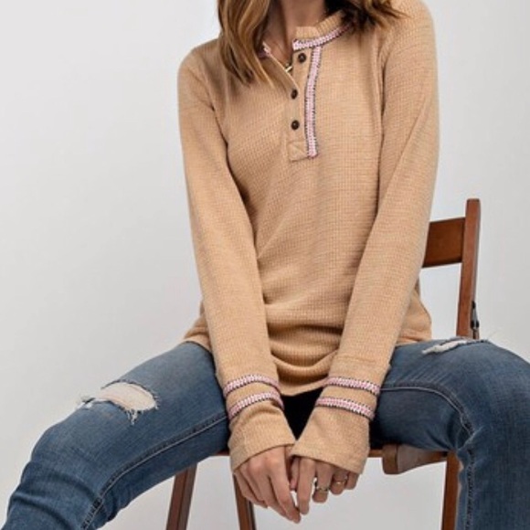 easel Tops - Embroidered Detail Waffle Knit Henley Top